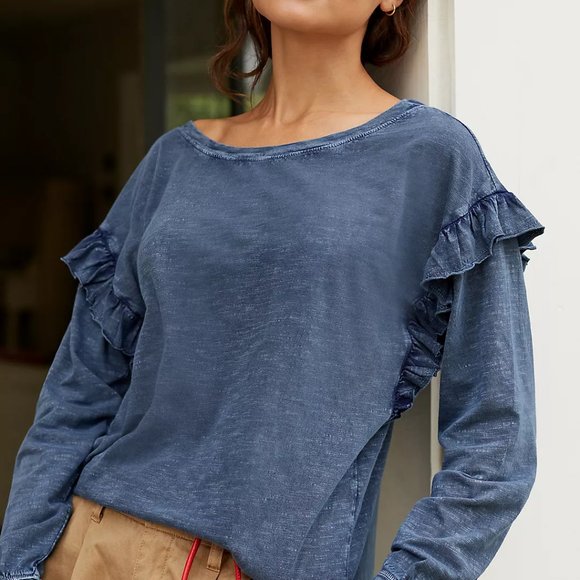 Anthropologie Pilcro long sleeved tee with ruffles and vee back - Picture 1 of 7